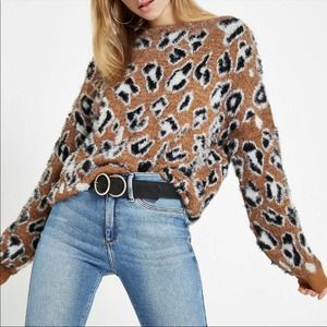 River Island Leopard Animal Print Fuzzy Knit Cropped Mock Neck Jumper Sweater